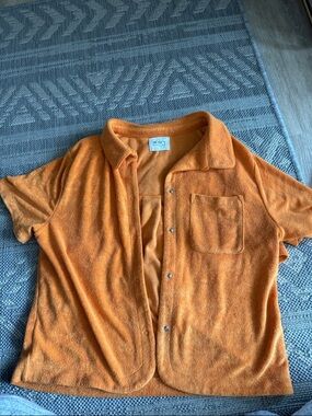 Vacancy Orange Terry Cloth Snap-Front Polo Shirt, Crop Top, and Short Set